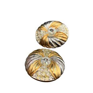 Rhinestones Earrings 80s Chunky Gold Tone Clear Rivoli Rhinestones Round Clips